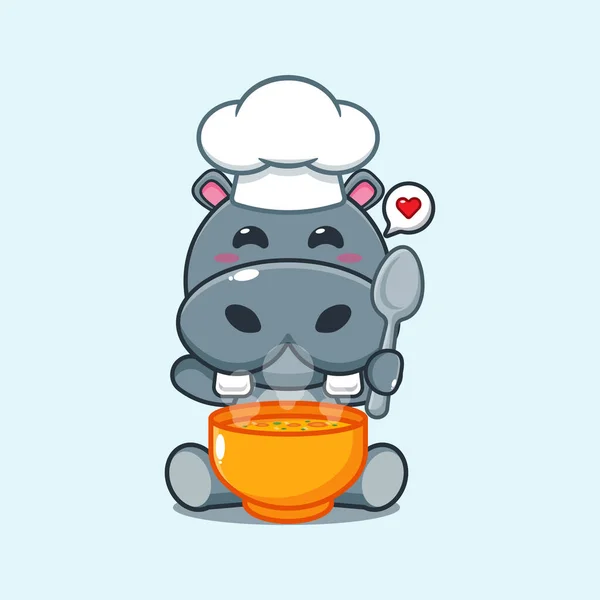 Chef Hippopotame Vecteur Dessin Animé Avec Soupe — Image vectorielle