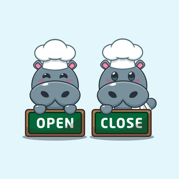 Chef Hippo Cartoon Vector Met Open Dicht Boord — Stockvector