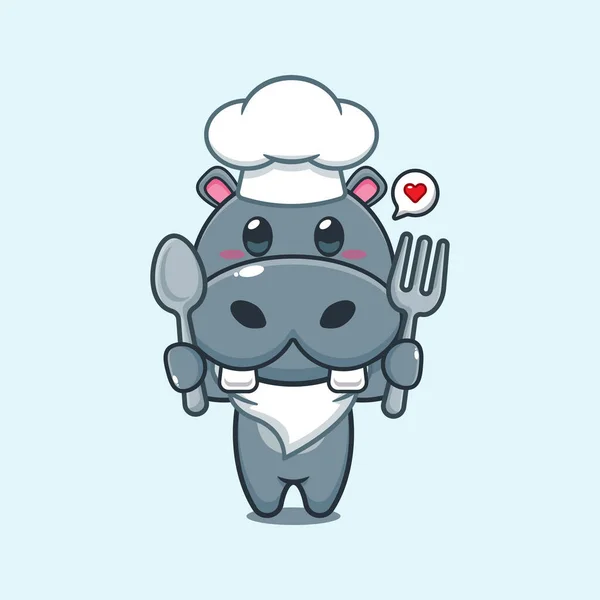 Chef Hippo Vecteur Dessin Animé Tenant Cuillère Fourchette — Image vectorielle