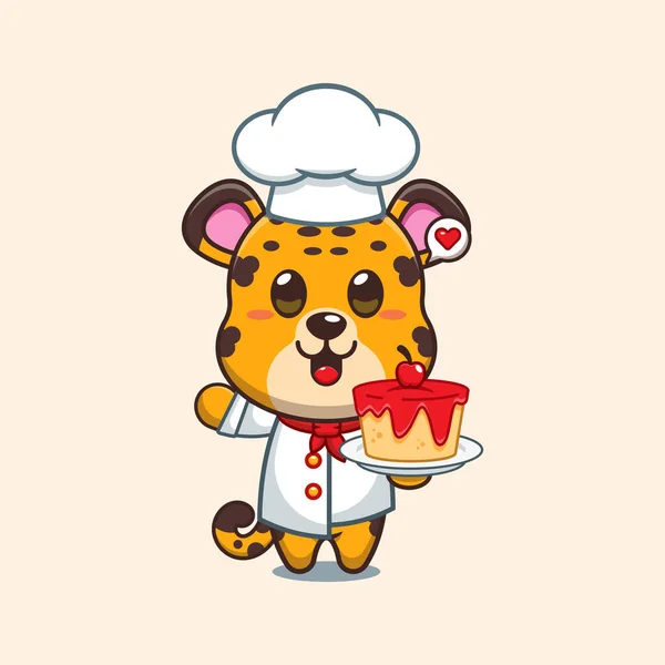 Chef Leopardo Vettore Cartone Animato Con Torta — Vettoriale Stock