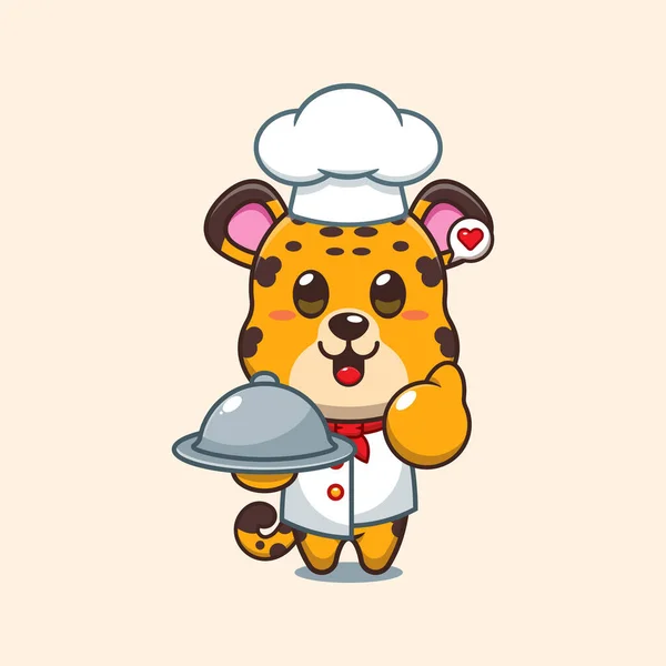 Chef Leopardo Vettore Cartone Animato Con Piatto — Vettoriale Stock