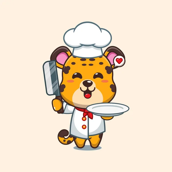 Chef Leopardo Cartoon Vector Com Faca Placa —  Vetores de Stock