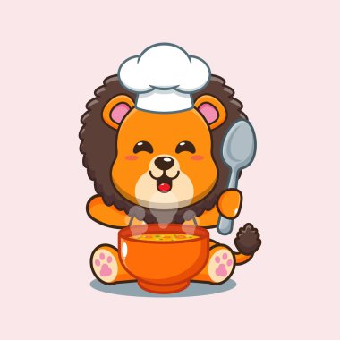 Şef aslan karikatür vektörü çorbalı.. 