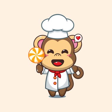 Şef maymun çizgi film vektörü elinde şeker tutuyor. 