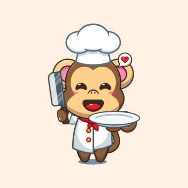 Şef maymun çizgi film vektörü bıçak ve tabakla. 