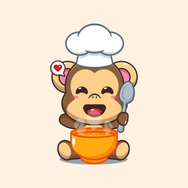 Şef maymun karikatür vektörü çorbayla. 