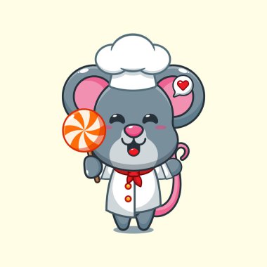 Şef fare çizgi film vektörü elinde şeker tutuyor. 