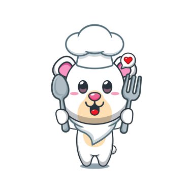 Şef kutup ayısı çizgi film vektörü kaşık ve çatal tutuyor.. 