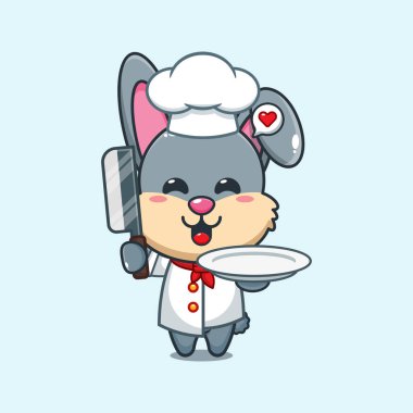 Şef tavşan çizgi film vektörü bıçak ve tabakla.