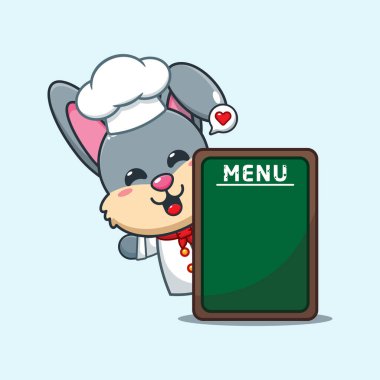 Menü tahtası olan şef tavşan çizgi film vektörü. 