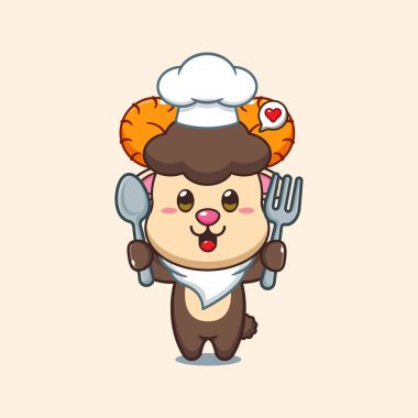 Şef koyun çizgi filmi taşıyıcısı kaşık ve çatal tutuyor.. 