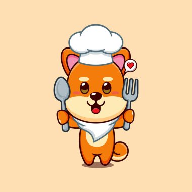 Şef shiba inu karikatür vektörü kaşık ve çatal tutuyor.. 