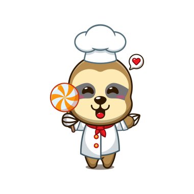 Şef miskin çizgi film vektörü elinde şeker tutuyor.. 