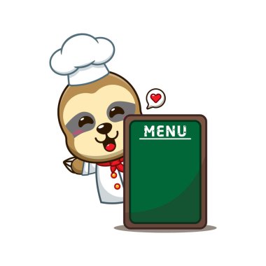 Menü tahtası ile Şef Tembel Hayvan çizgi film vektörü. 