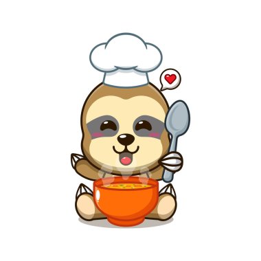 Şef tembel hayvan çorbalı çizgi film vektörü.. 