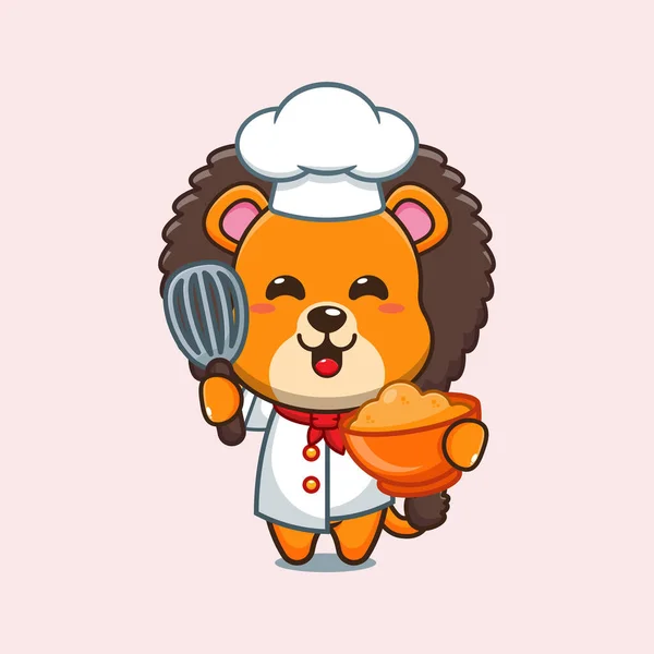 Chef Lion Cartoon Vector Cake Dough — Stock Vector