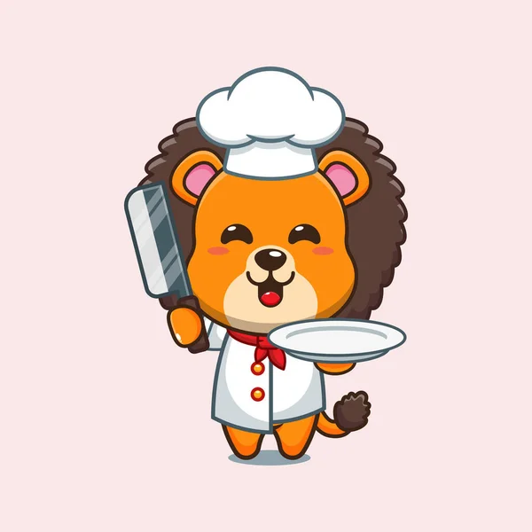 Chef Lion Cartoon Vector Knife Plate — Stock Vector