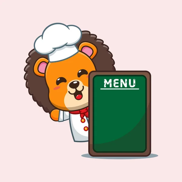 Chef Lion Vecteur Dessin Animé Avec Panneau Menu — Image vectorielle