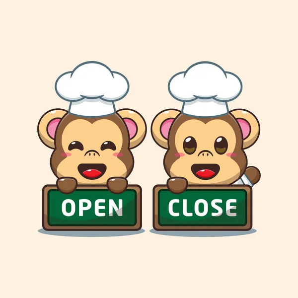 Chef Monkey Cartoon Vector Open Close Board — Stock Vector