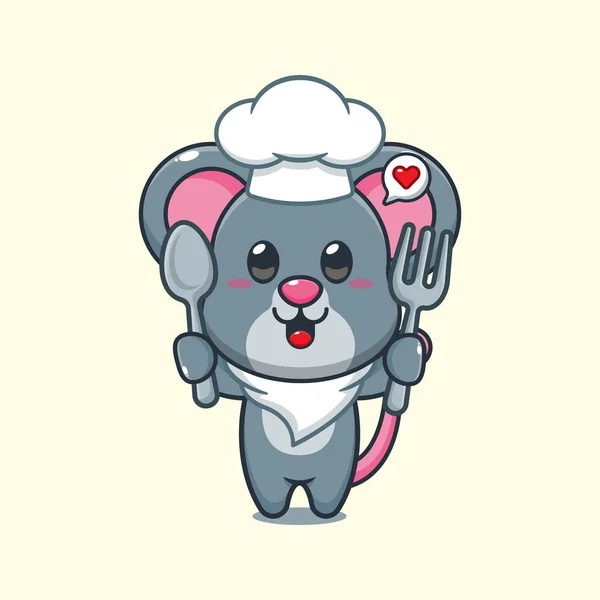 Cucchiaio Mouse Cartone Animato Vettore Tenendo Cucchiaio Forchetta — Vettoriale Stock