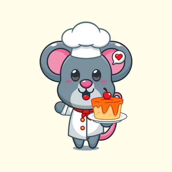 Chef Maus Cartoon Vektor Mit Kuchen — Stockvektor