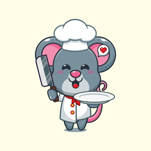 Chef Mouse Vettore Cartone Animato Con Coltello Piastra — Vettoriale Stock