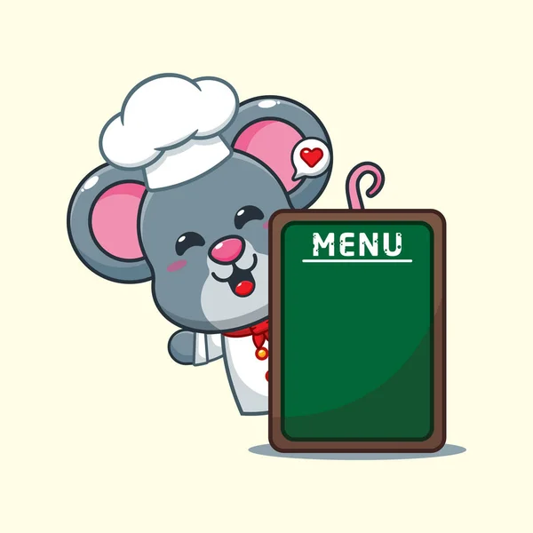 Chef Vettore Del Fumetto Del Mouse Con Scheda Menu — Vettoriale Stock