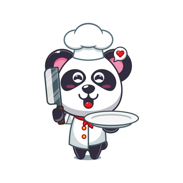 Chef Panda Cartoon Vektor Mit Messer Und Teller — Stockvektor