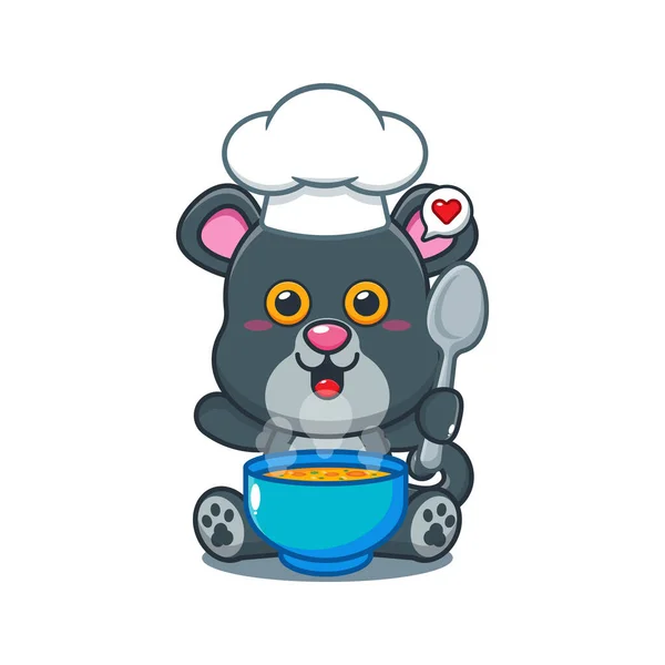 Chef Pantera Cartoon Vector Com Sopa — Vetor de Stock