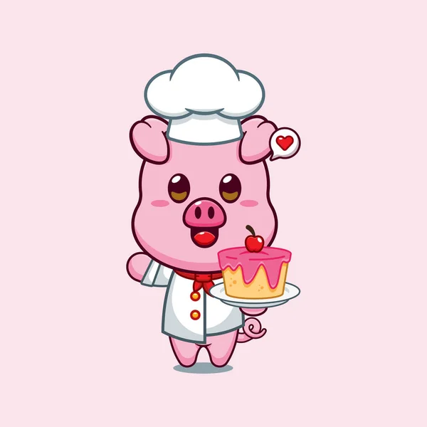 Chef Vector Dibujos Animados Cerdo Con Pastel — Vector de stock