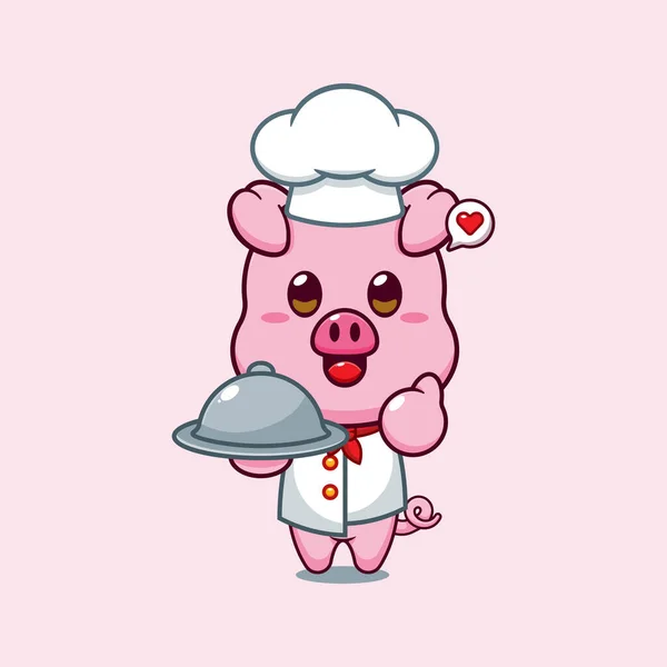 Chef Porco Cartoon Vector Com Prato — Vetor de Stock