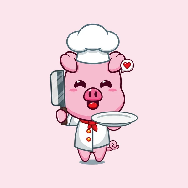 猪厨师卡通人物与刀盘 — 图库矢量图片