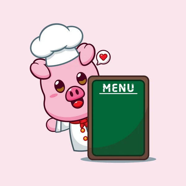 Chef Porco Desenho Animado Vetor Com Placa Menu — Vetor de Stock