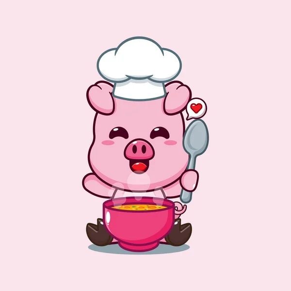 Chef Pig Cartoon Vector Dengan Sup - Stok Vektor
