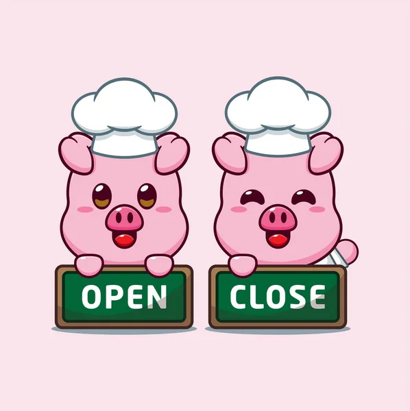 Chef Pig Cartoon Vector Open Close Board — Stock Vector