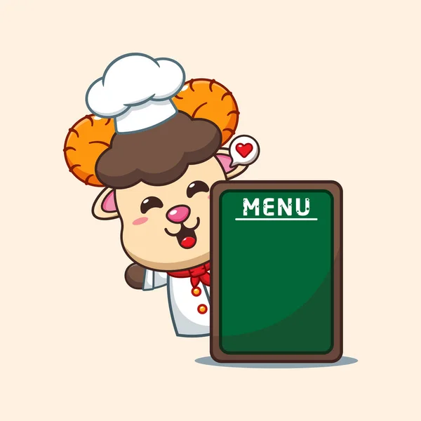 Chef Ram Sheep Cartoon Vektor Mit Menü Board — Stockvektor