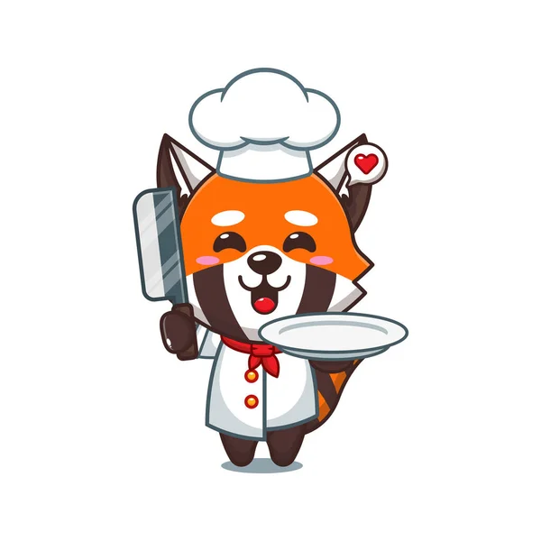Chef Roter Panda Cartoon Vektor Mit Messer Und Teller — Stockvektor