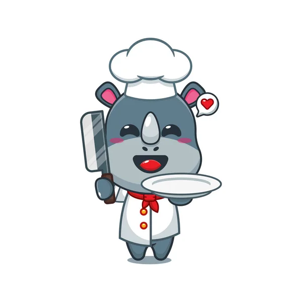 Chef Nashorn Cartoon Vektor Mit Messer Und Teller — Stockvektor