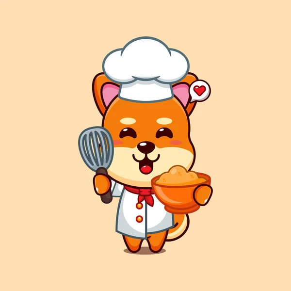 Chef Shiba Inu Vecteur Dessin Animé Avec Pâte Gâteau — Image vectorielle