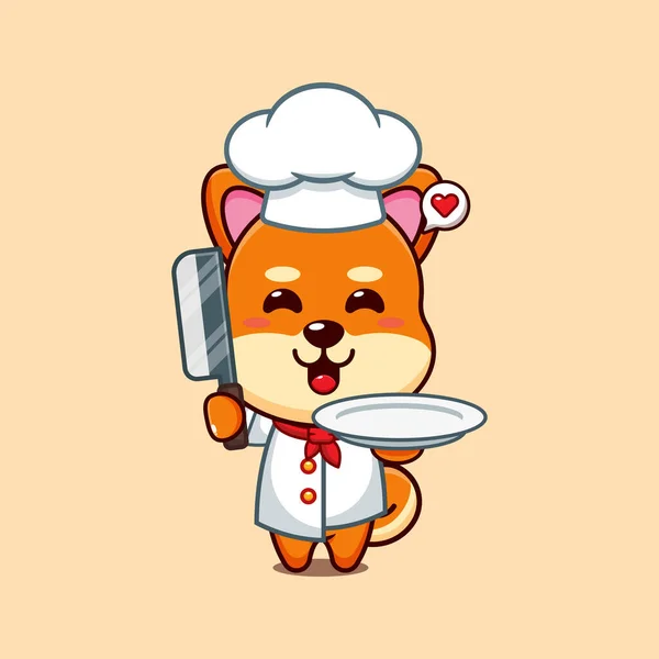 Chef Shiba Inu Desenho Animado Vetor Com Faca Placa —  Vetores de Stock