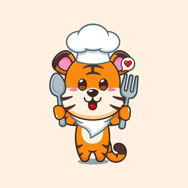 Chef Tiger Cartoon Vector Holding Spoon Fork — Stock Vector