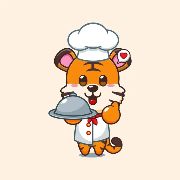 Chef Tiger Cartoon Vector Dish — Stock Vector