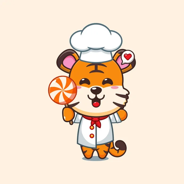 Chef Tigre Vettore Cartone Animato Possesso Caramelle — Vettoriale Stock