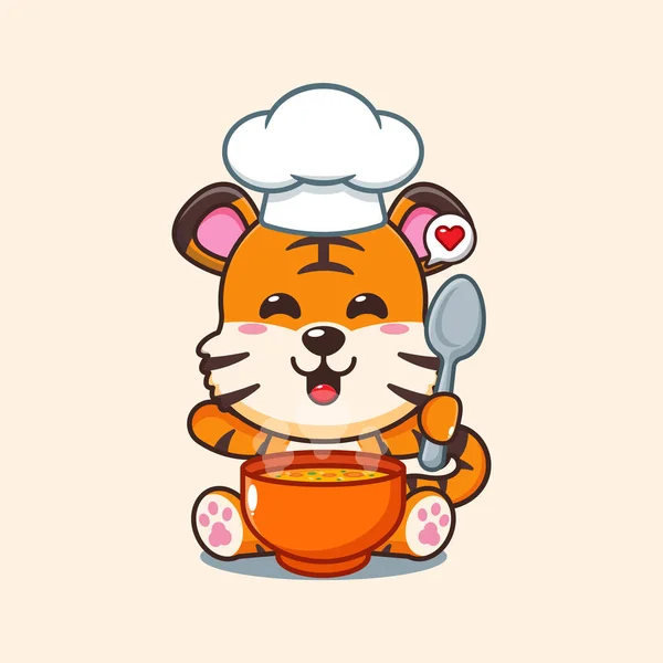 Chef Tiger Cartoon Vector Soup — Stock Vector