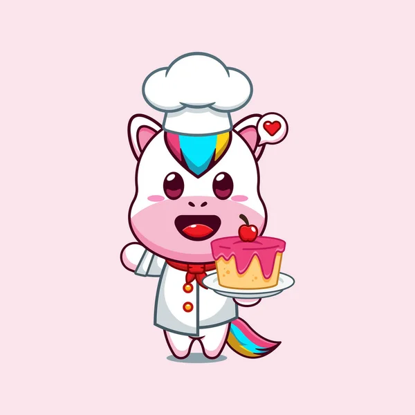 Chef Unicorno Vettore Cartone Animato Con Torta — Vettoriale Stock