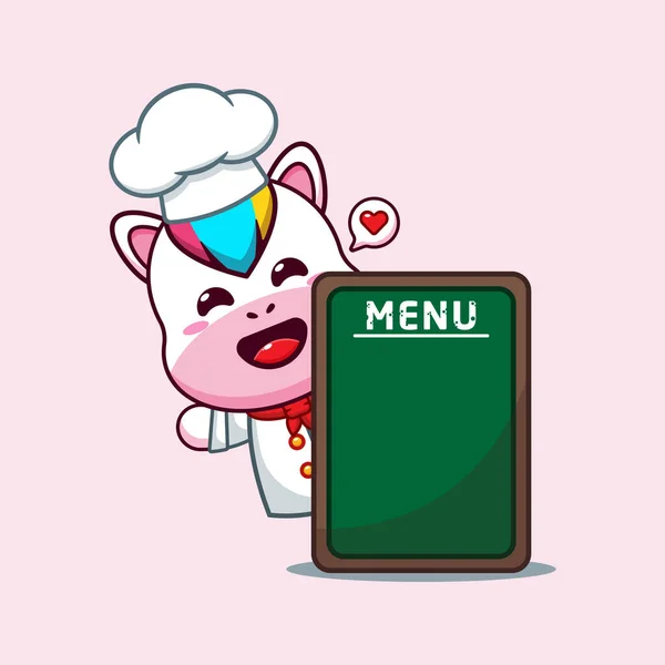 Chef Unicorno Vettore Cartone Animato Con Scheda Menu — Vettoriale Stock