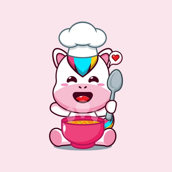Chef Unicorn Cartoon Vector Soup — Stock Vector