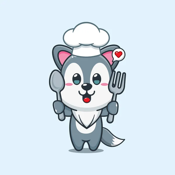 Chef Wolf Cartoon Vector Holding Spoon Fork — Stock Vector