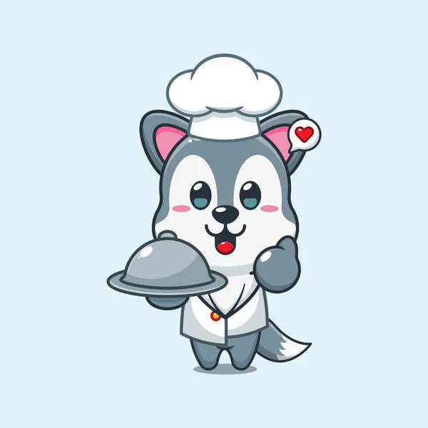Chef Wolf Cartoon Vector Dish — Stock Vector