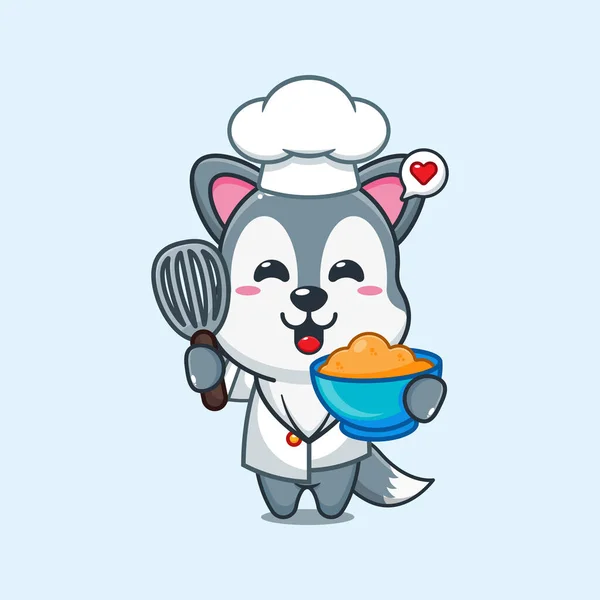 stock vector Chef wolf cartoon vector with cake dough. 